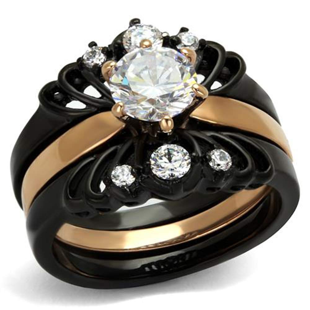 Marimor Women's Rose Gold & Black Stainless Steel Wedding Engagement Ring Set - Elegant Bridal Jewelry for Proposals, Anniversaries, and Special Occasions