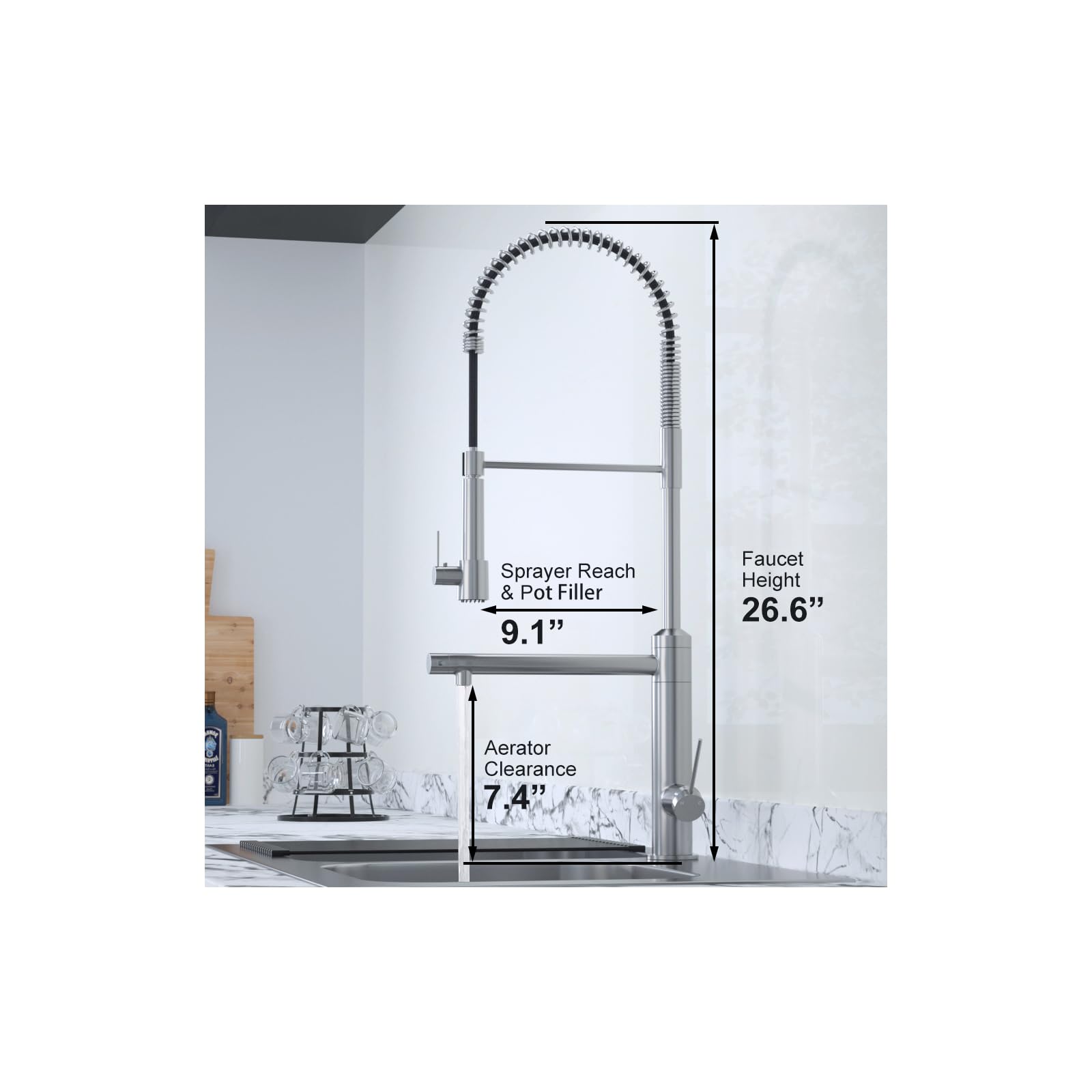 **CWM Commercial Kitchen Faucet with Pull Down Sprayer - 26.61 Inch Brushed Nickel Stainless Steel High Arc Sink Faucet with Pre-Rinse Sprayer for Restaurants, Home Kitchens & Bar Sinks**    *(Perfect for heavy-duty cooking, dishwashing, and food prep in commercial kitchens, home kitchens, and bar areas.)*