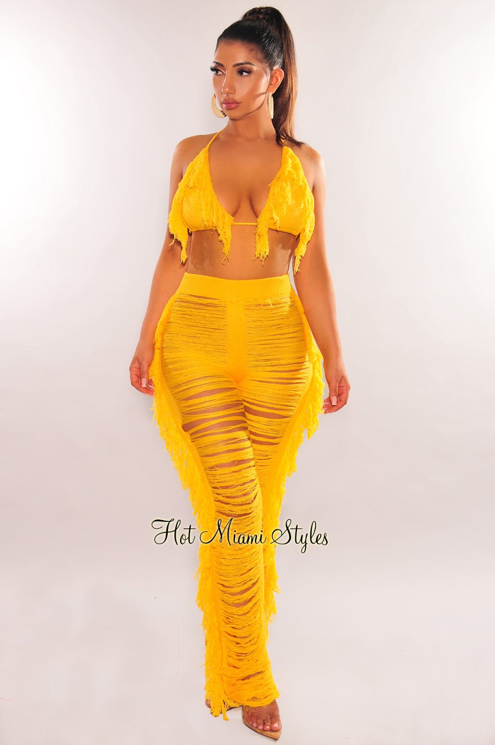 Yellow Knit Halter Triangle Top & Fringe Ladder Cut Pants 2-Piece Set | Summer Boho Outfit for Beach, Music Festival & Vacation | Women's Fashion Crop Top and High Waist Pants
