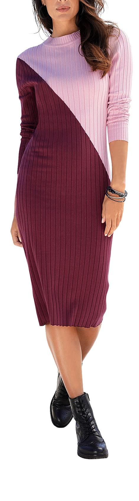 LASCANA Women's Mock Neck Knit Midi Dress - Aubergine & Rose Color, Casual Summer Sweater Dress for Everyday Wear | Perfect for Office, Date Night & Weekend Outings