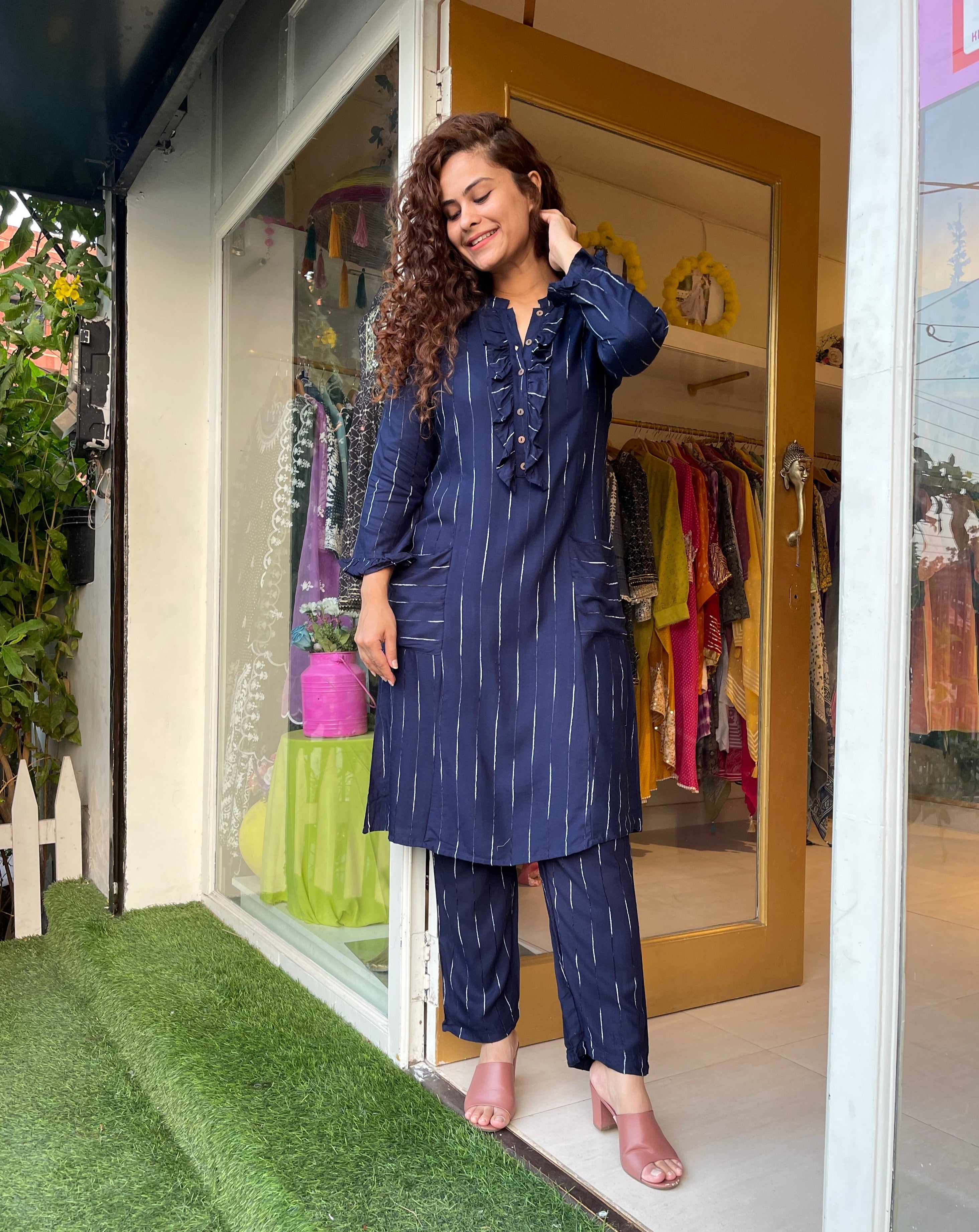 Navy Blue Striped Cotton Co-Ordinate Set for Women - Casual Summer Outfit for Beach, Vacation & Daily Wear