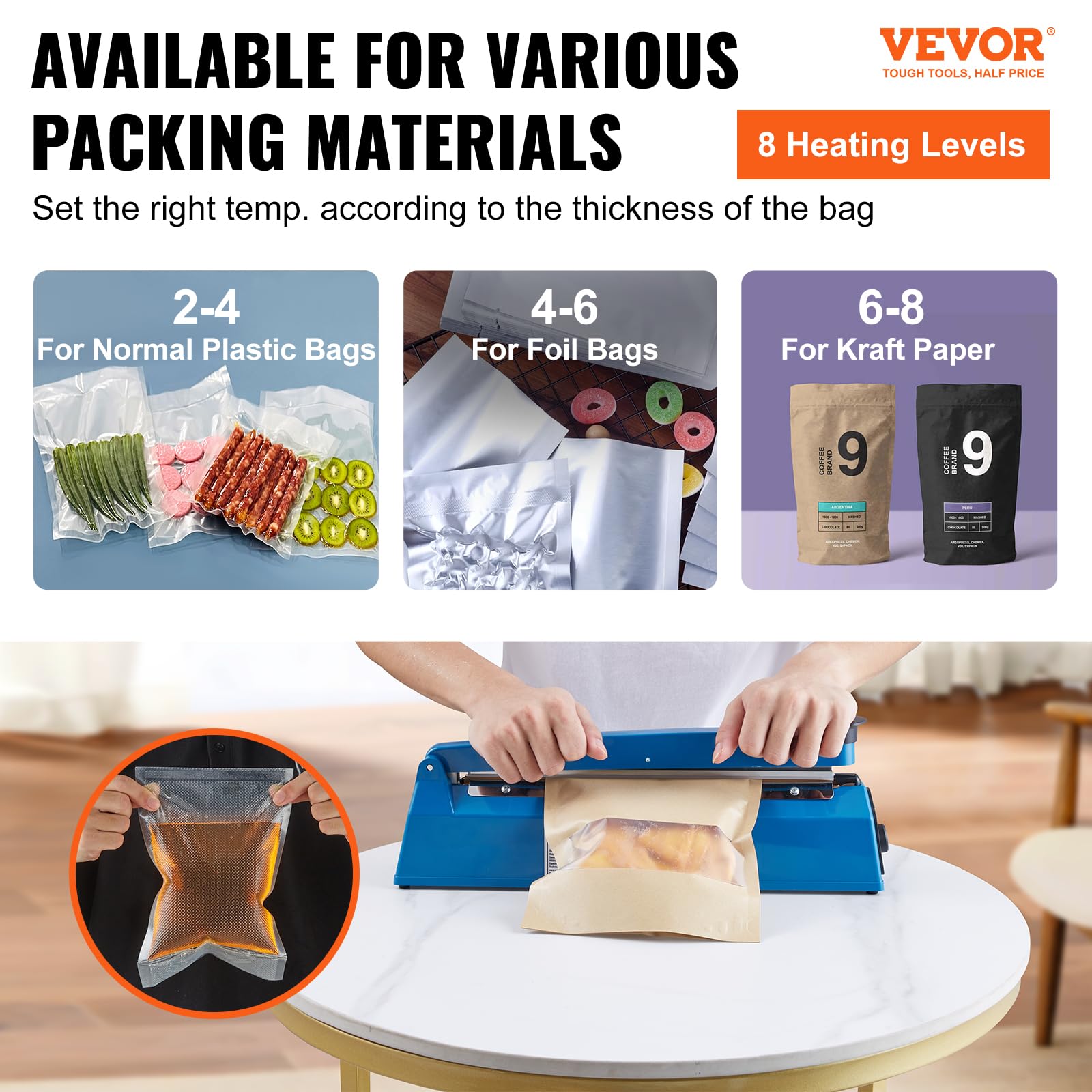 VEVOR 12 Inch Manual Impulse Sealer - Adjustable Heat Sealing Machine for Plastic Bags (Mylar, PE, PP) | Portable Shrink Wrap Bag Sealer with Extra Replacement Kit | Ideal for Food Packaging, Pharmacy, and E-commerce Shipping
