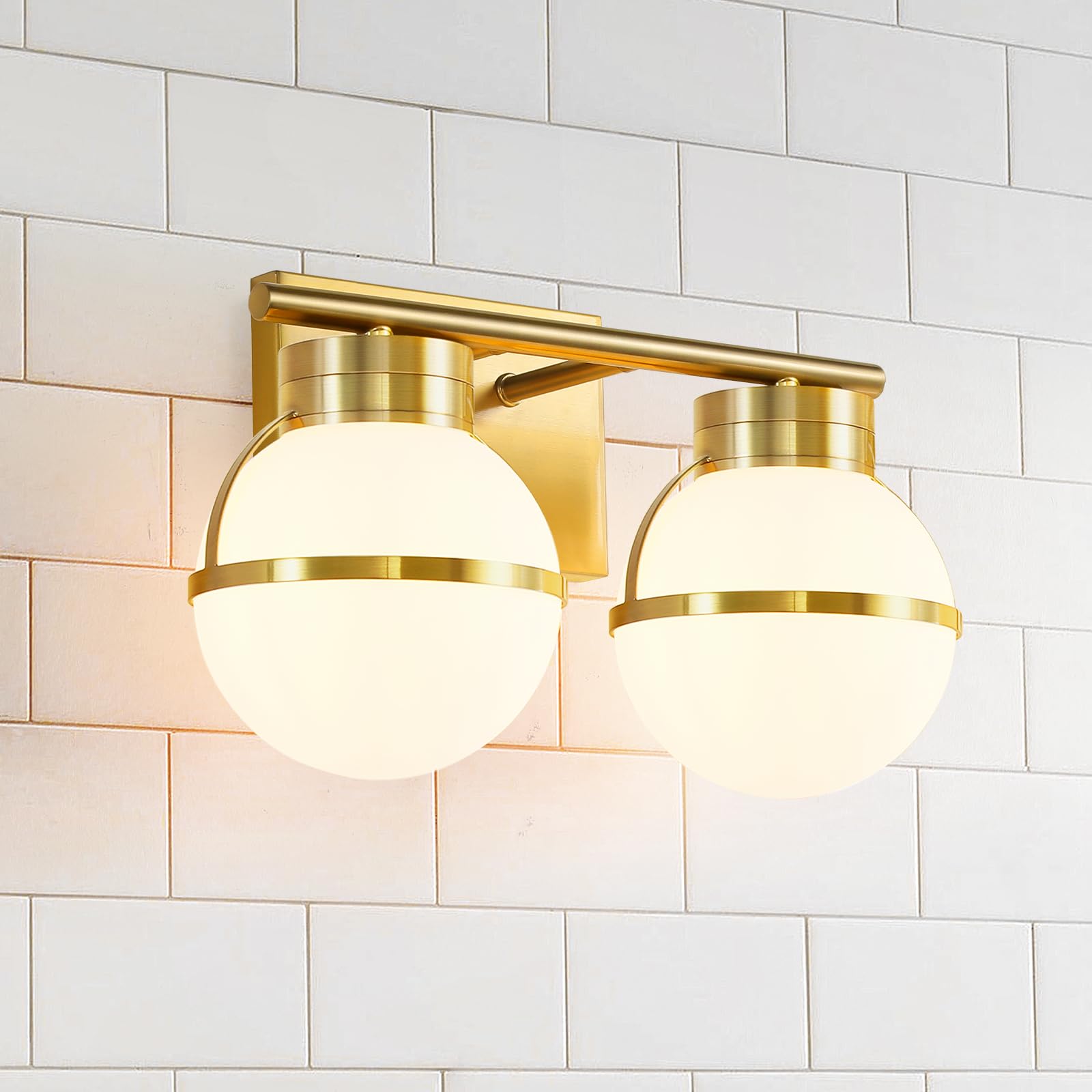 Gold Bathroom Vanity Light Fixture - 2 Light Modern Vanity Lighting with Frosted Glass Shades & Metal Base (15.2 inch) - Perfect for Bathroom, Powder Room & Dressing Area - Excludes E26 Bulb