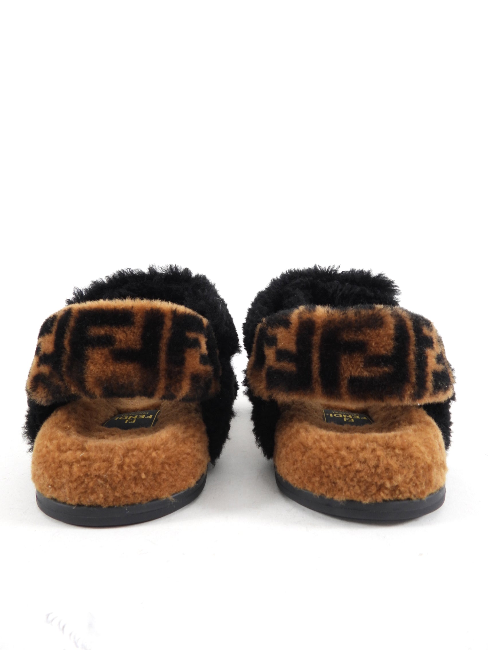 Fendi Brown & Black Zucca Logo Shearling Sandals Size 37 - Luxury Designer Summer Shoes for Women, Perfect for Beach Vacations & Fashion Outings