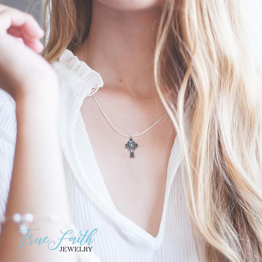 True Faith Jewelry Sterling Silver Celtic Cross Pendant Necklace - Oxidized Religious Jewelry (1 1/8 Inch) - Perfect for Church, Weddings & Spiritual Gifts