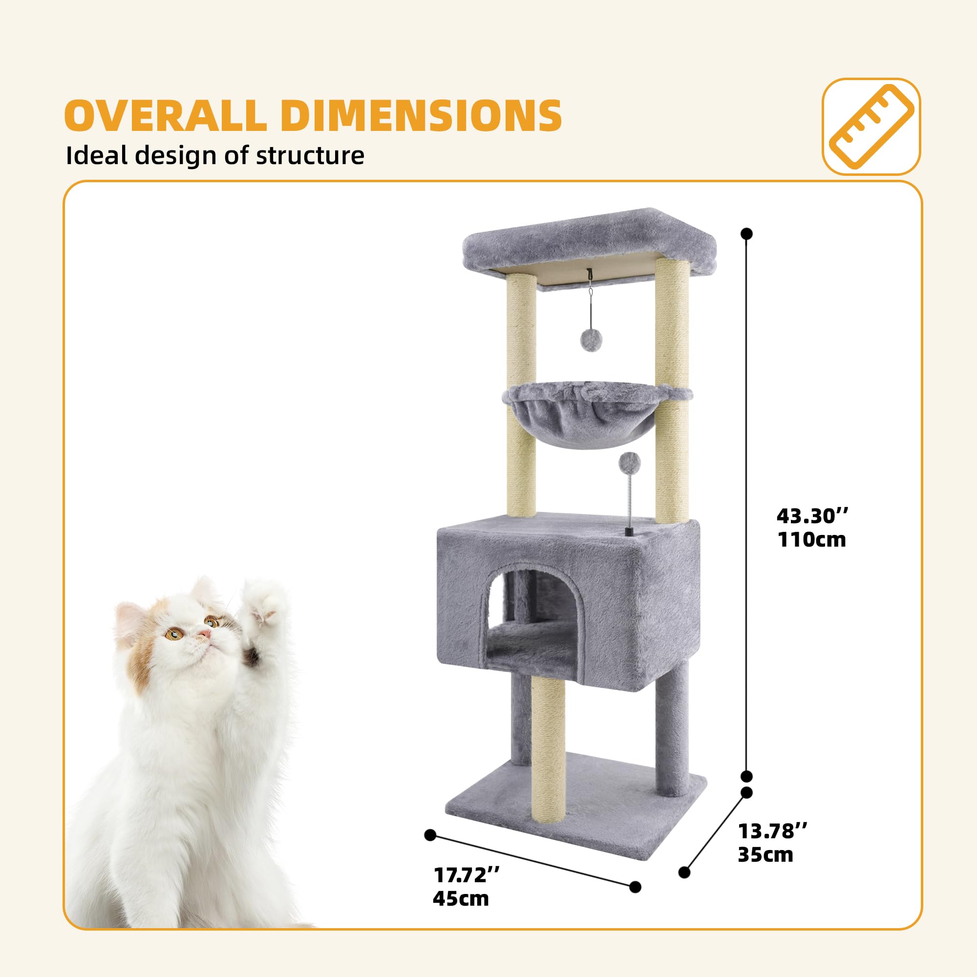 Premium Multi-Level Cat Tree for Indoor Cats - Sturdy Cat Tower with Spacious Condo, Cozy Hammock & Scratching Posts - Space-Saving Grey Climbing Activity Center for Kittens & Adult Cats - Perfect for Apartments, Living Rooms & Pet Play Areas