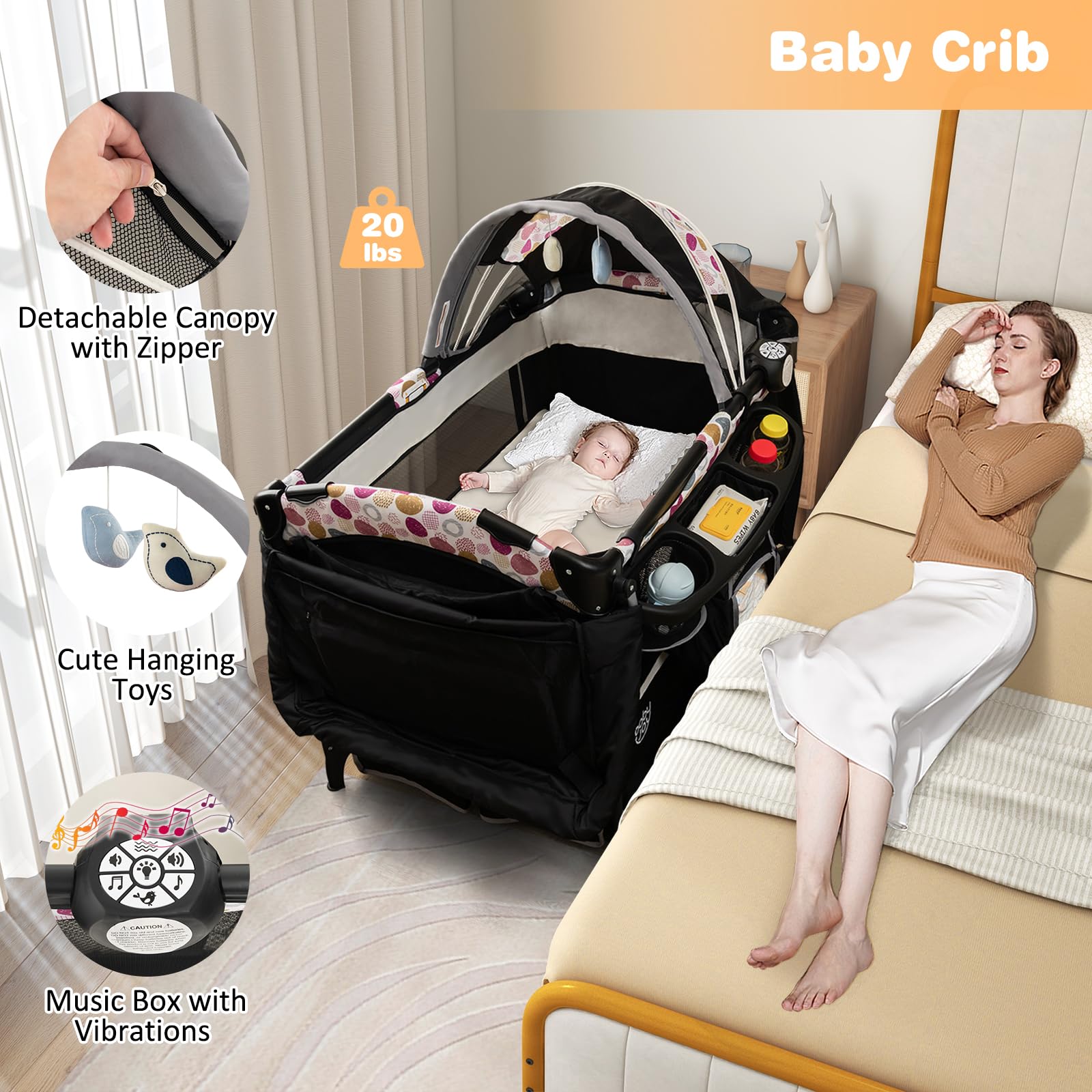 BABY JOY 4-in-1 Portable Baby Playard with Bassinet, Changing Table & Canopy - Foldable Playpen with Storage Basket for Newborn to Toddlers (Circle Design) - Perfect for Nursery, Travel & Indoor/Outdoor Play