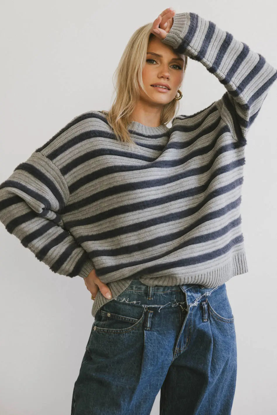 Azuline Striped Sweater Women's Grey Knit Pullover - Cozy Casual Winter Wear for Office & Weekend Outings