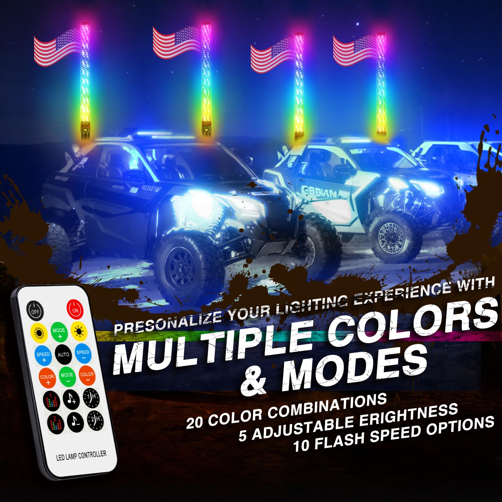 DREAMIZER 2PCS 2FT Fat Whip LED Lights - 360° Spiral Chase Offroad Warning Lighted Antenna with Turn Signal & Brake Reserving Lights for UTV ATV RZR Can-Am SXS Polaris Offroad Trucks - Perfect for Night Offroading, Trail Riding & Emergency Signaling