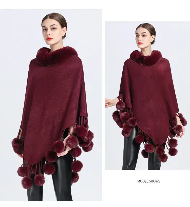 Women's Fashion Asymmetric Poncho Scarf with Soft Fur Ball Trim - Cozy Winter Wrap for Outdoors, Travel & Casual Wear