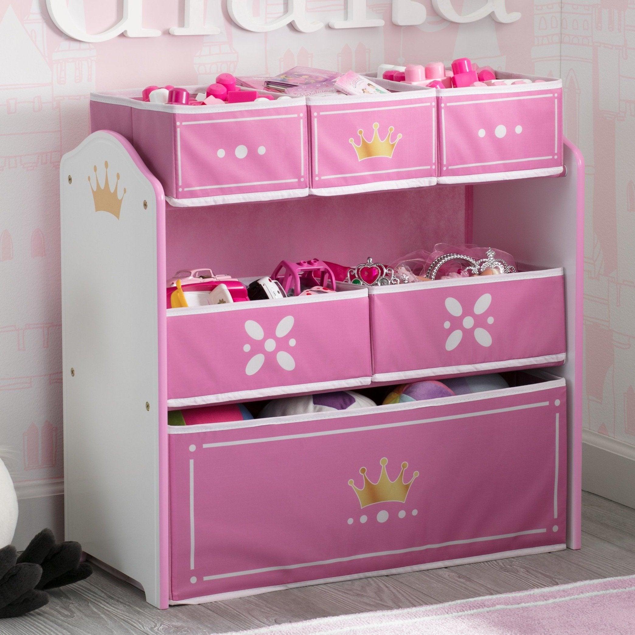 Princess Crown Multi Bin Toy Organizer - Kids Room Storage Solution for Dolls, Stuffed Animals & Toys | Perfect for Playrooms, Bedrooms & Daycare Centers