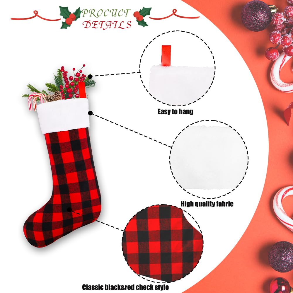 YUJUN 6 Pack 22 Inch Christmas Stockings - Large Buffalo Plaid Holiday Stockings in Black & Red for Fireplace, Tree & Party Decor | Perfect for Family Christmas Celebrations & Festive Home Decorations