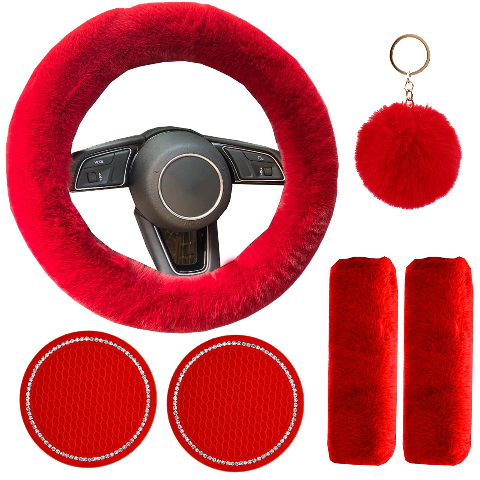 ZWZCYZ 6pcs Fluffy Steering Wheel Cover Set for Women with Shoulder Straps, Faux Fur Keychain & Bling Car Coasters - Universal 15Inch Red Car Interior Accessories for Stylish & Comfortable Driving