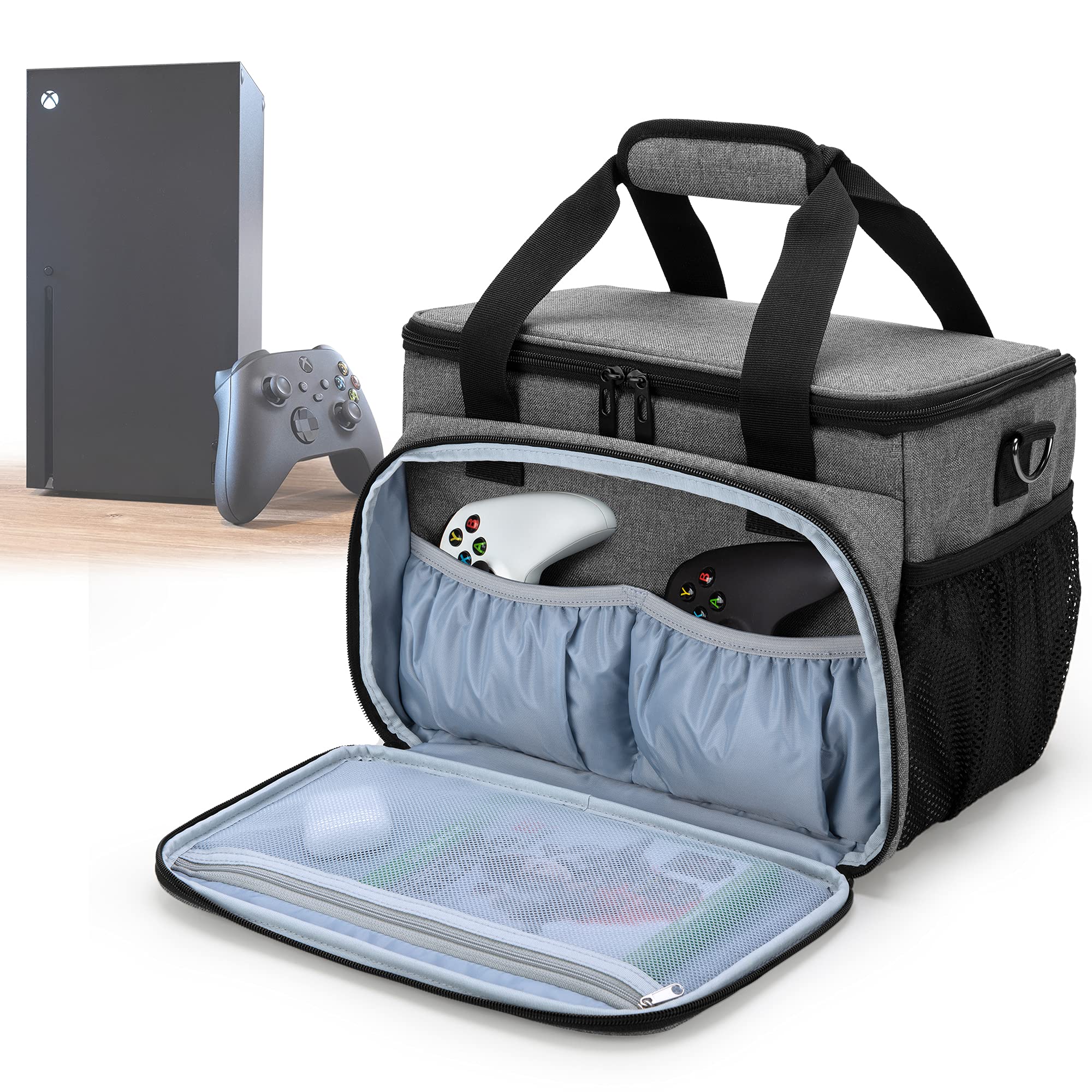 CURMIO Portable Gaming Carry Bag for Xbox Series X Console & Accessories - Shoulder Strap Compatible with Controllers, Cables, Headphones - Gray (Perfect for Travel, Storage & Gaming On-The-Go)