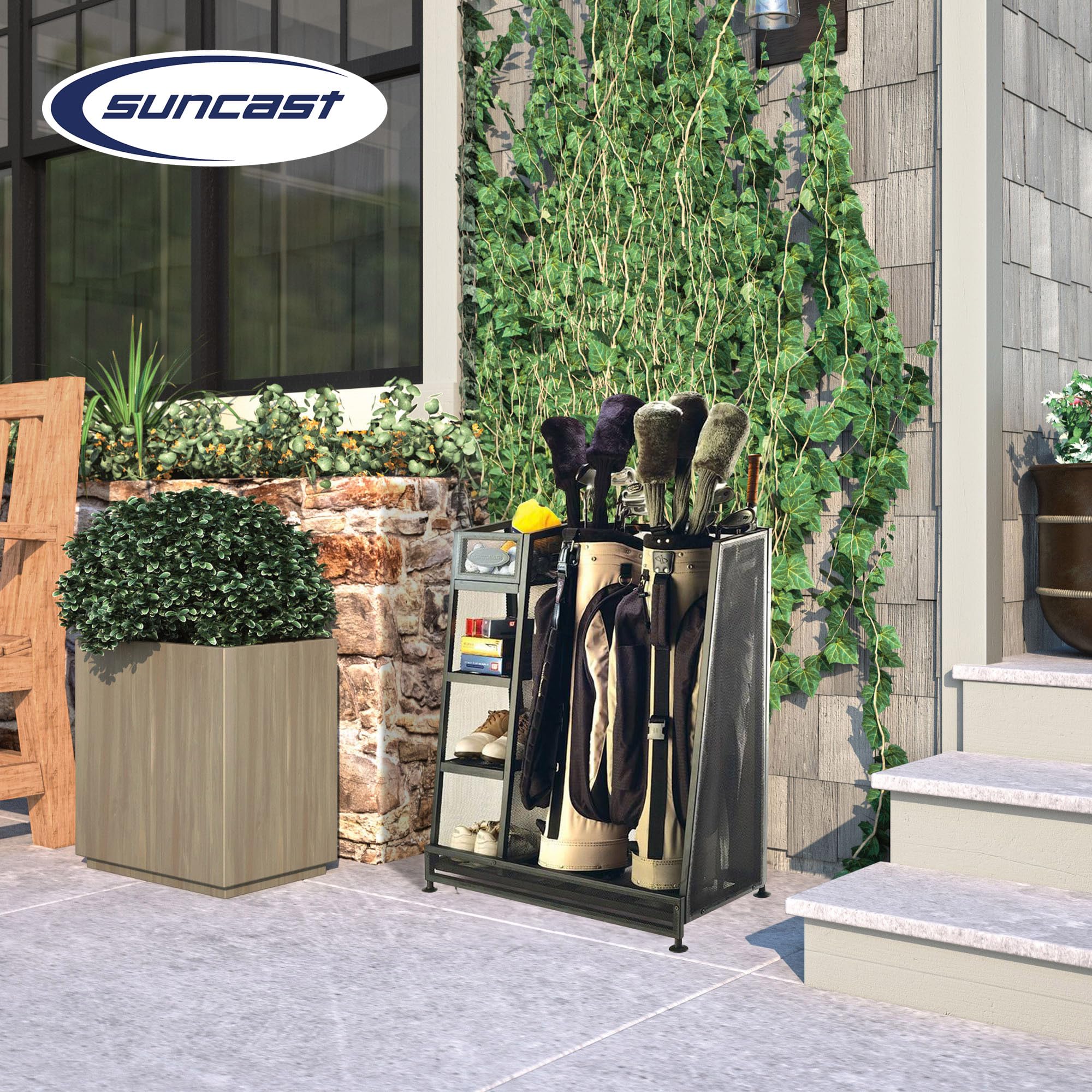 Suncast 2-Pack Garage Golf Bag Shelf Organizer with Adjustable Leveling Feet & 5-Inch Storage Bin - Perfect for Golf Clubs, Balls & Accessories - Ideal for Garage, Basement & Home Organization