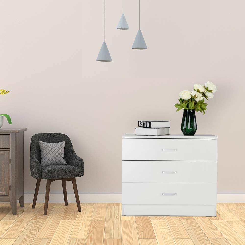 Henf 3 Drawer Wooden Dresser - Modern Chest of Drawers, Nightstand & End Table with Storage for Bedroom, Living Room & Hallway - Perfect for Small Space Organization & Home Decor (White)