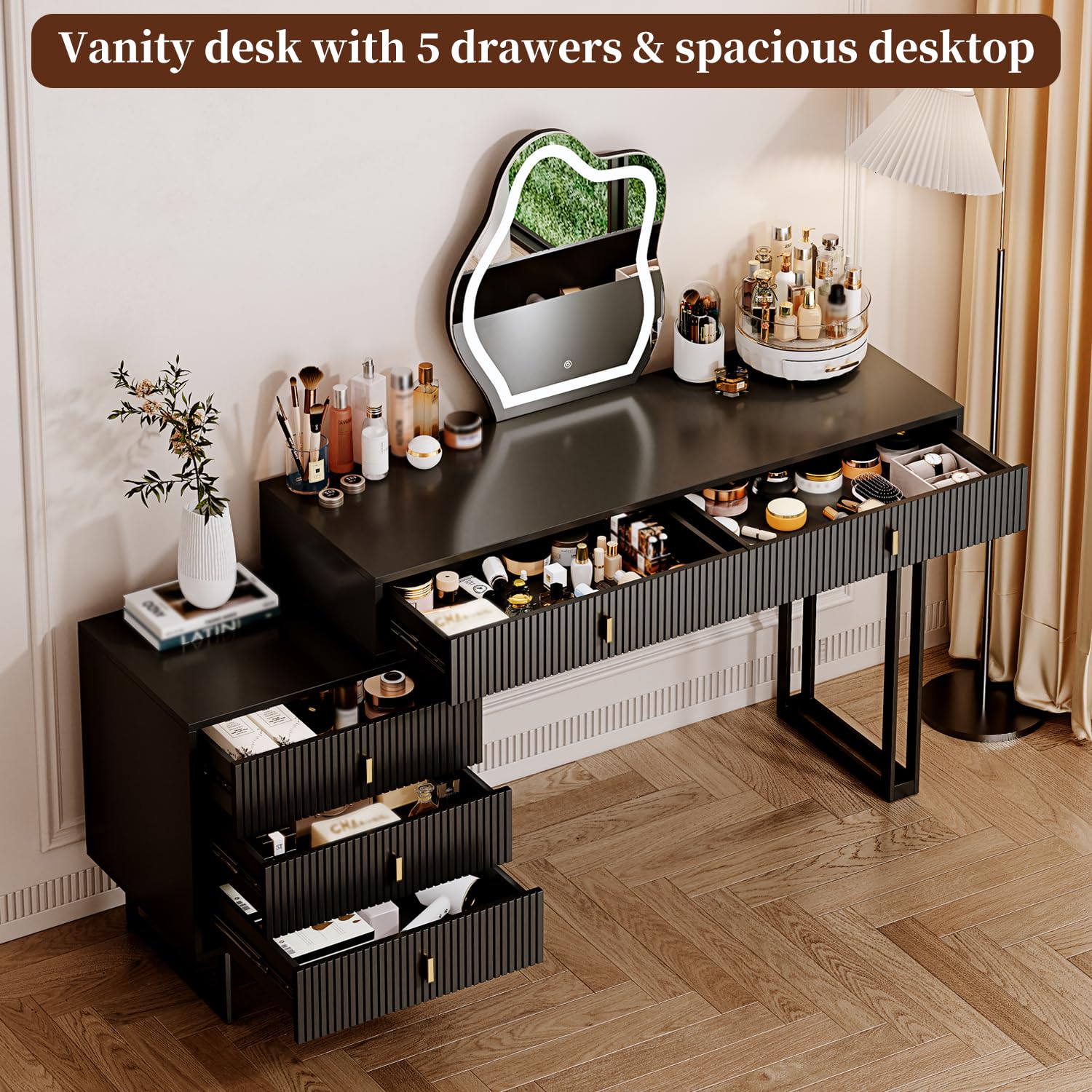 Modern Black Vanity Desk with Plug - Large Makeup Dressing Table with 3-Color Touch Screen Dimming Mirror, Adjustable Cabinet & 5 Sliding Drawers - Retractable Design with Built-in Power Strip - Perfect for Bedroom, Dressing Room & Beauty Salon Organization