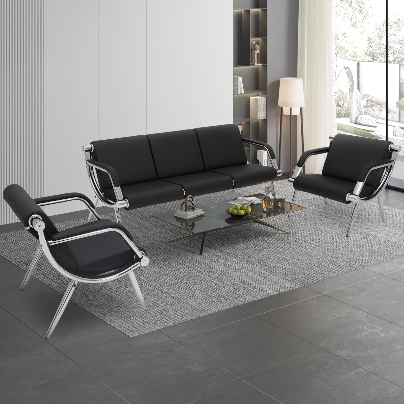 Premium PU Leather Waiting Room Chairs with Armrests - Modern Lobby, Conference & Reception Seating for Office, Clinic, Airport, Hospital, Salon & Bank (Set of 2, Black) - Perfect for Professional Spaces & High-Traffic Areas
