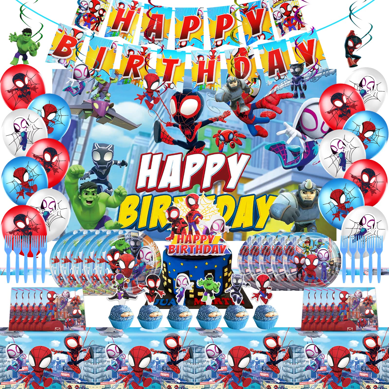 Spidey and His Amazing Friends Superhero Birthday Party Decorations Set - Includes Happy Birthday Banner, Hanging Swirls, Backdrop & Tablecloth - Perfect for Kids Superhero Themed Birthday Parties & Celebrations