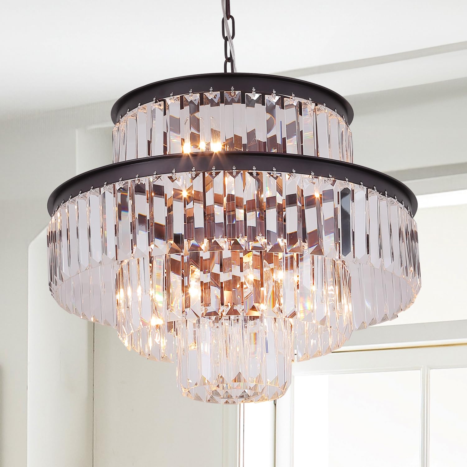 7-Light 4-Tier Brown Crystal Chandelier Pendant Light Fixture for Dining Room, Bedroom, Entryway & Living Room - Elegant Ceiling Lighting for Home Decor & Wedding Venues