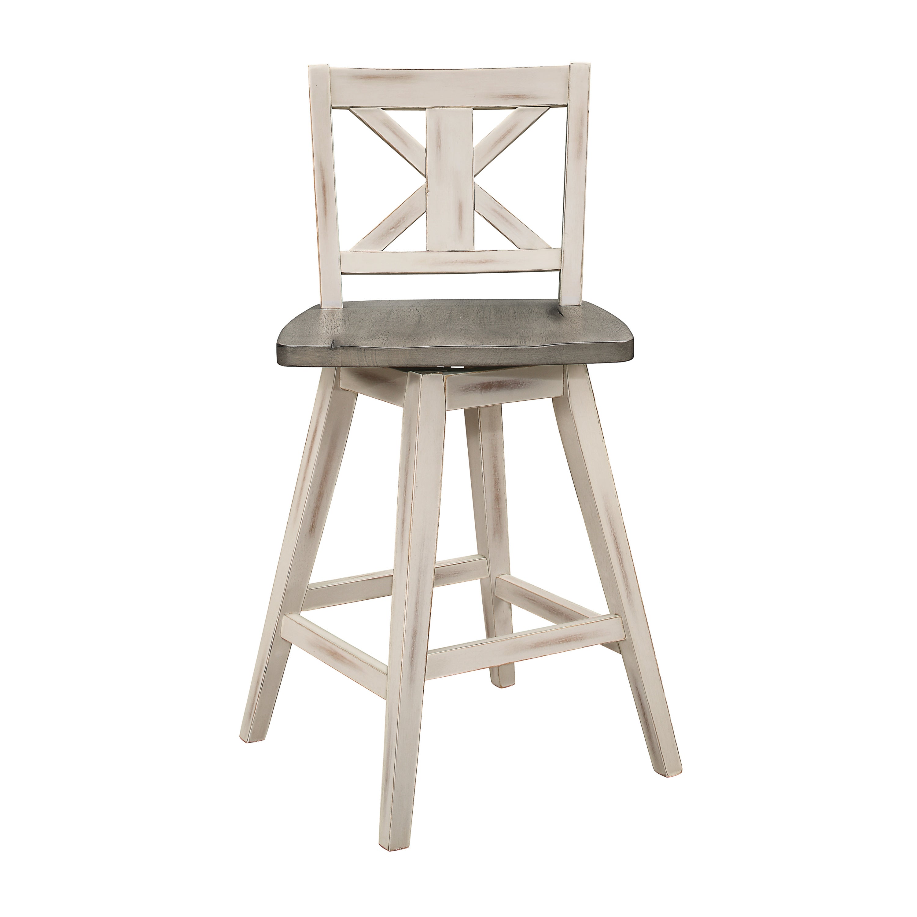 2-Piece Counter Height Swivel Bar Stool Set - 360° Rotating White & Gray X-Back Chairs, Solid Rubberwood Construction for Kitchen Island, Dining Room & Breakfast Nook - Modern Home Furniture