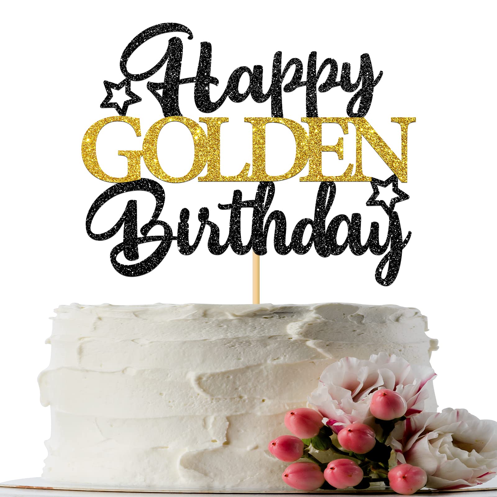 Happy Golden Birthday Cake Topper - Black Gold Glitter Party Decor for Kids & Adults - Cake Decoration Supplies & Photo Props - Perfect for Birthday Parties, Anniversaries, and Celebrations