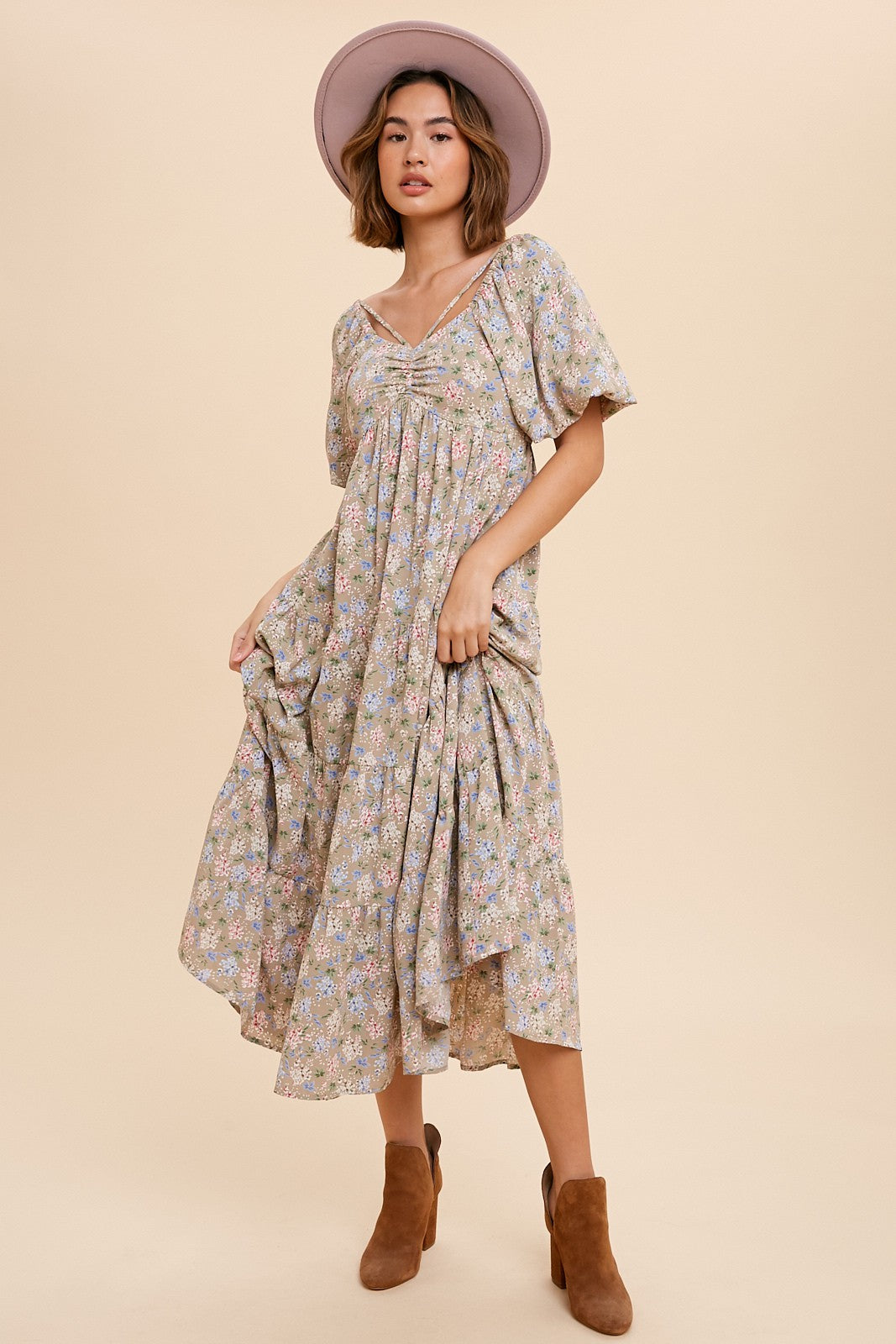 Beige Floral Ruched Strappy V-Neck Maternity Dress with Puff Short Sleeves - Perfect for Baby Showers, Maternity Photos & Summer Pregnancy Outfits