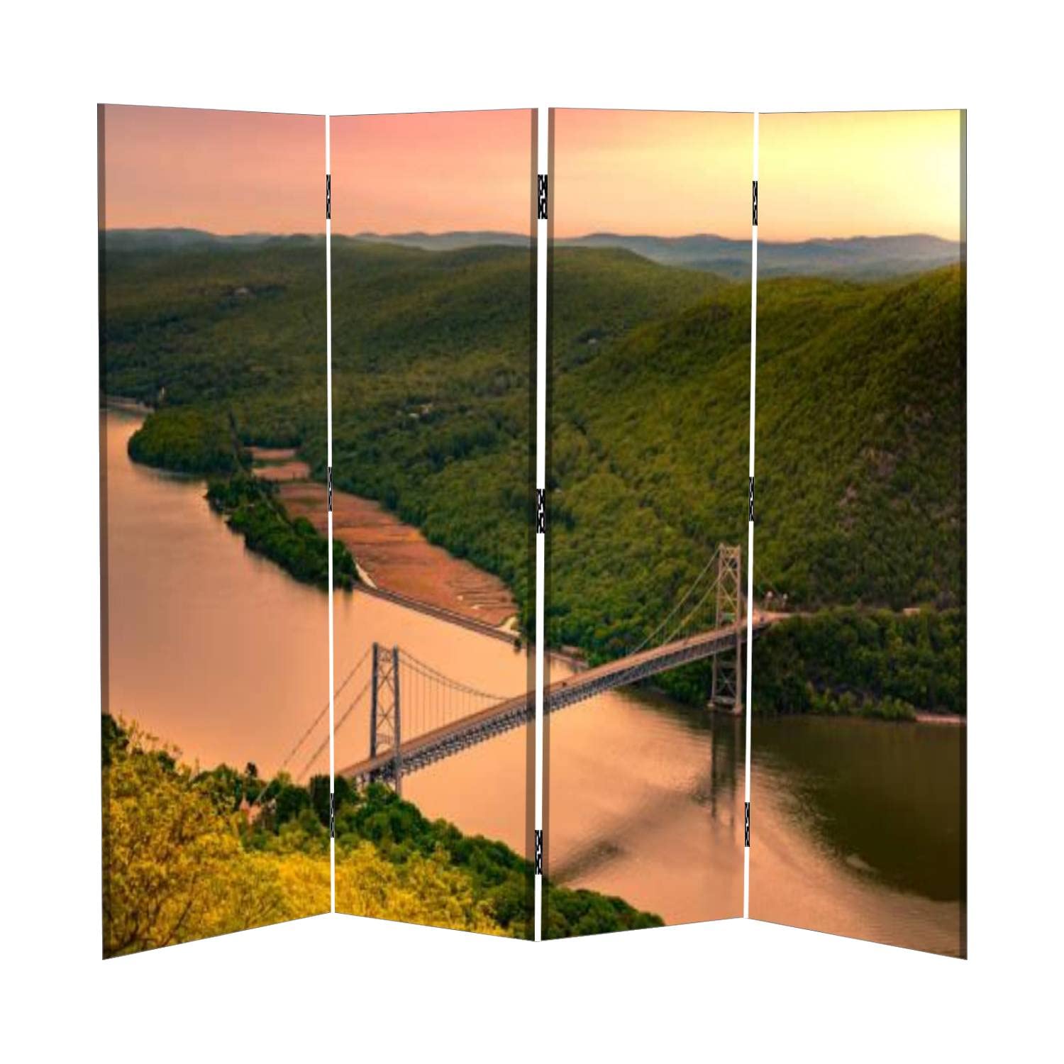 4 Panel Canvas Room Divider - Bear Mountain Bridge Sunrise Design | Folding Privacy Screen for Home & Office | Temporary Wall Partition for Bedroom, Living Room, Studio