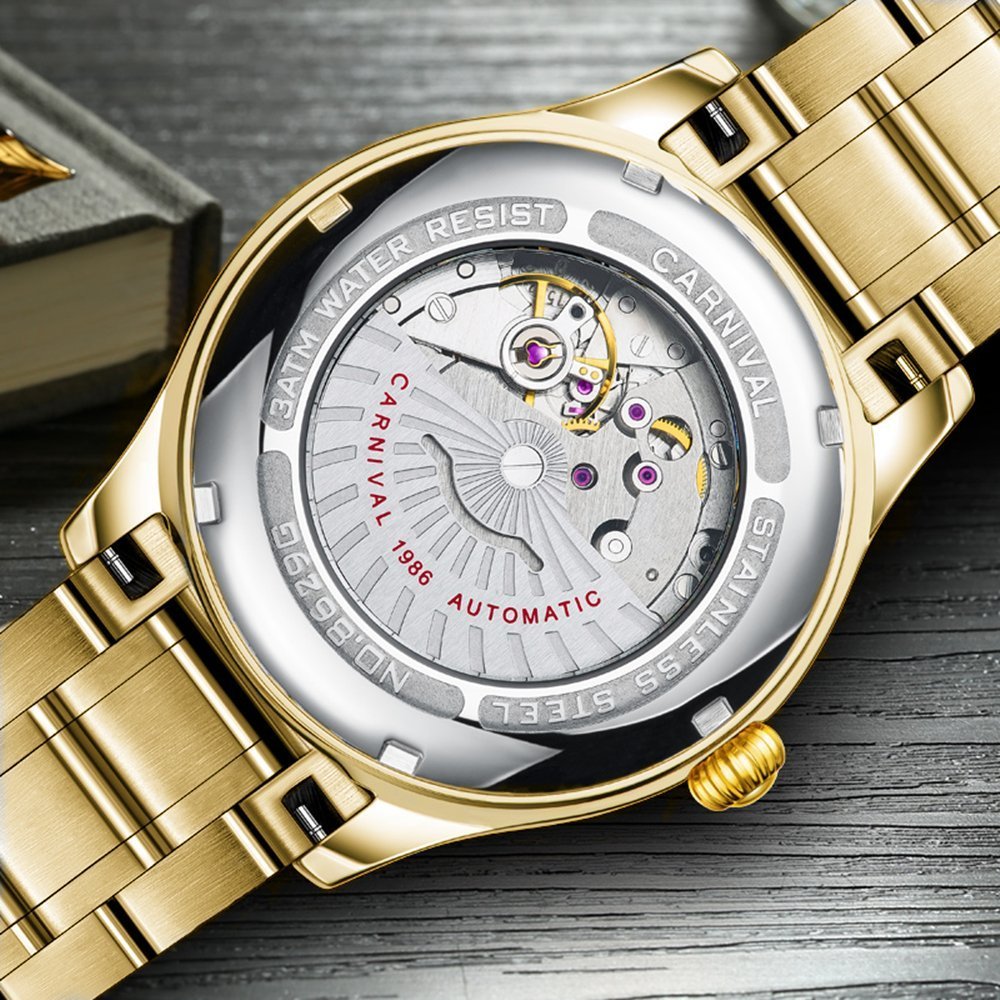 Luxury Swiss Made Men's Gold Watch - Automatic Analog Display with Calendar, Week Indicator & Luminous Hands - Stainless Steel Diamond Watch (White) - Perfect for Business, Formal Events & Special Occasions