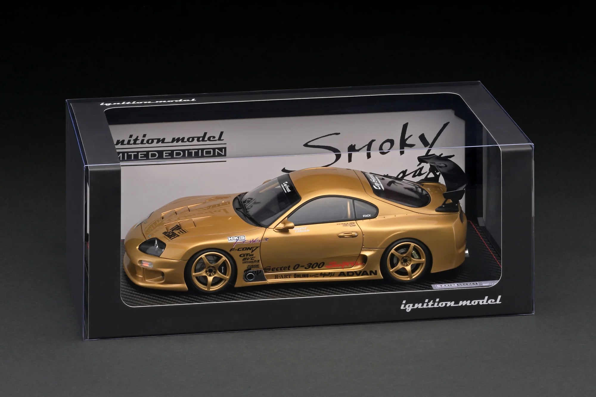 1:18 Scale Toyota Supra JZA80 TOP SECRET GT 300 Diecast Model Car - Gold Edition with Smokey Nagata Figure - Collectible Japanese Tuner Car for Display & Racing Enthusiasts