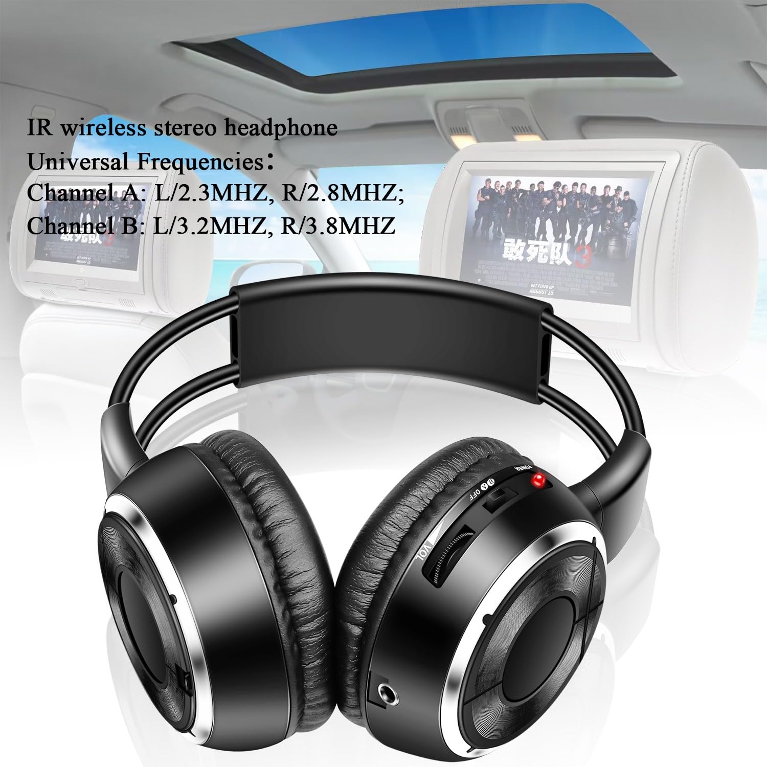 Universal 2 Channel IR Foldable Wireless Headphones for Kids - Infrared Headset for Car DVD Video & Entertainment System (2 Pack) - Perfect for Road Trips, Airplane Travel and Home Movie Nights
