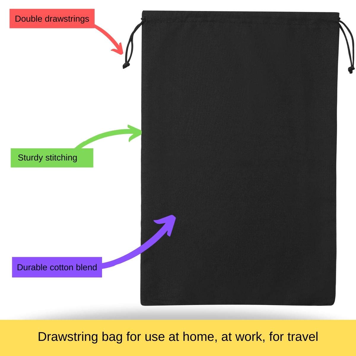 DR Black Cotton Drawstring Bags - 12 Pack Reusable Washable Storage Bags for Shoes, Pantry Organization & Wardrobe Closet (10x15 Inches) - Perfect for Travel, Home Storage & Gift Packaging