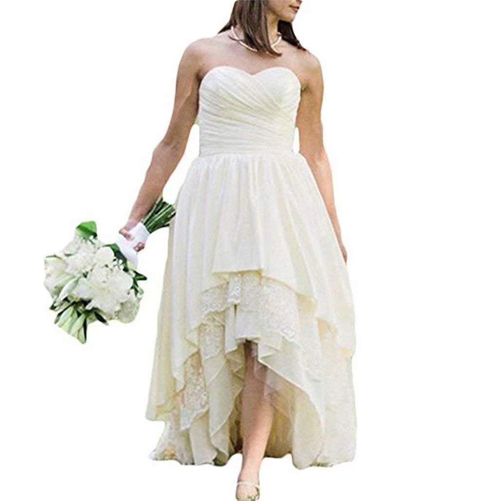 Elegant Women's High-Low Sweetheart Neckline Satin Wedding Dress with Lace Detailing – Perfect for Country, Beach, and Outdoor Bridal Ceremonies