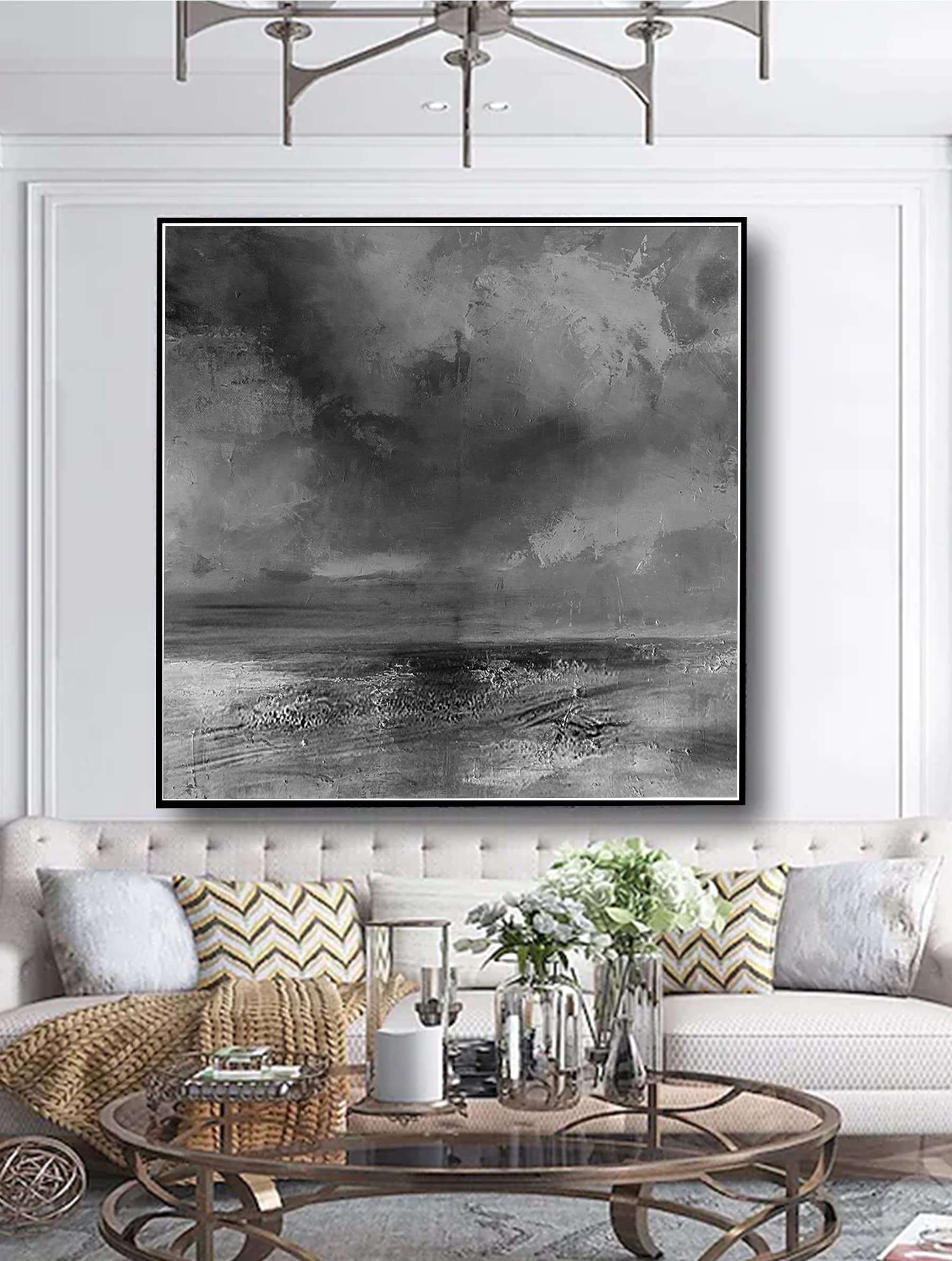 Handmade Abstract Black and White Ocean Oil Painting - Heavy Texture Canvas Wall Art for Office Decor (32x32 inches) | Modern Coastal Theme for Living Room, Bedroom & Workspace