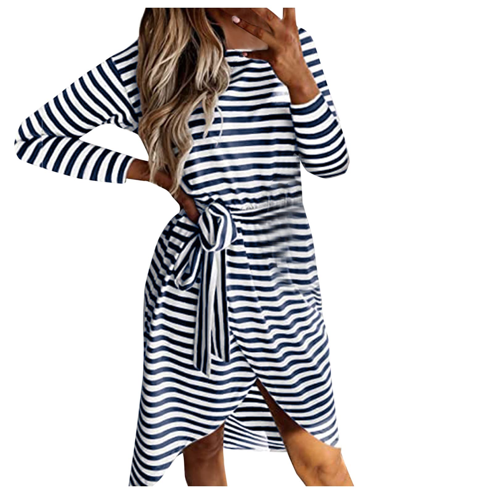 BINGLI Women's Casual Long Sleeve Striped Dress with Round Neck & Asymmetrical Hem - Perfect for Office, Date Night & Fall Outfits