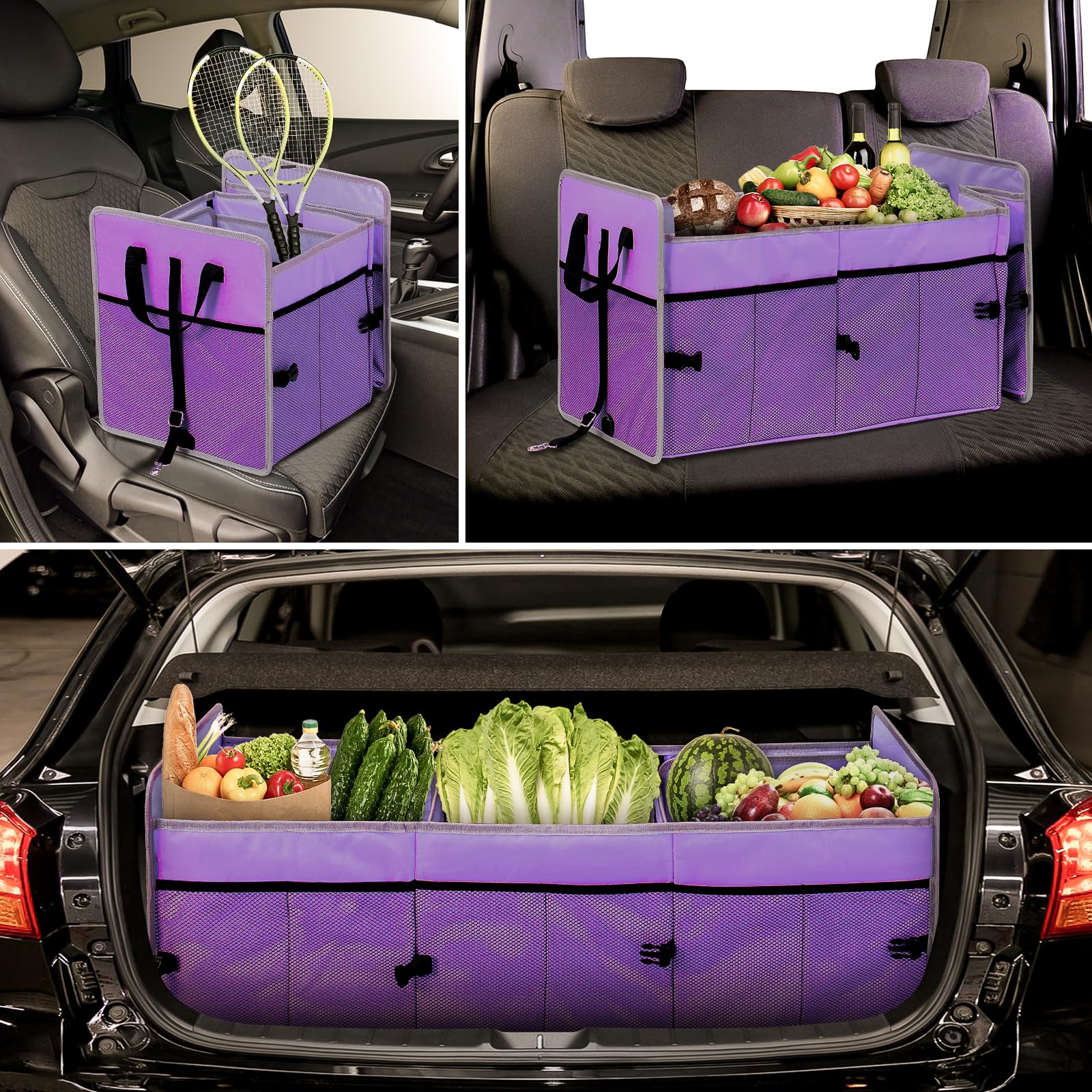 Collapsible 3-Compartment Car Trunk Organizer with Cooler Bag - Foldable SUV Storage Solution for Road Trips, Groceries & Sports Gear (Purple)