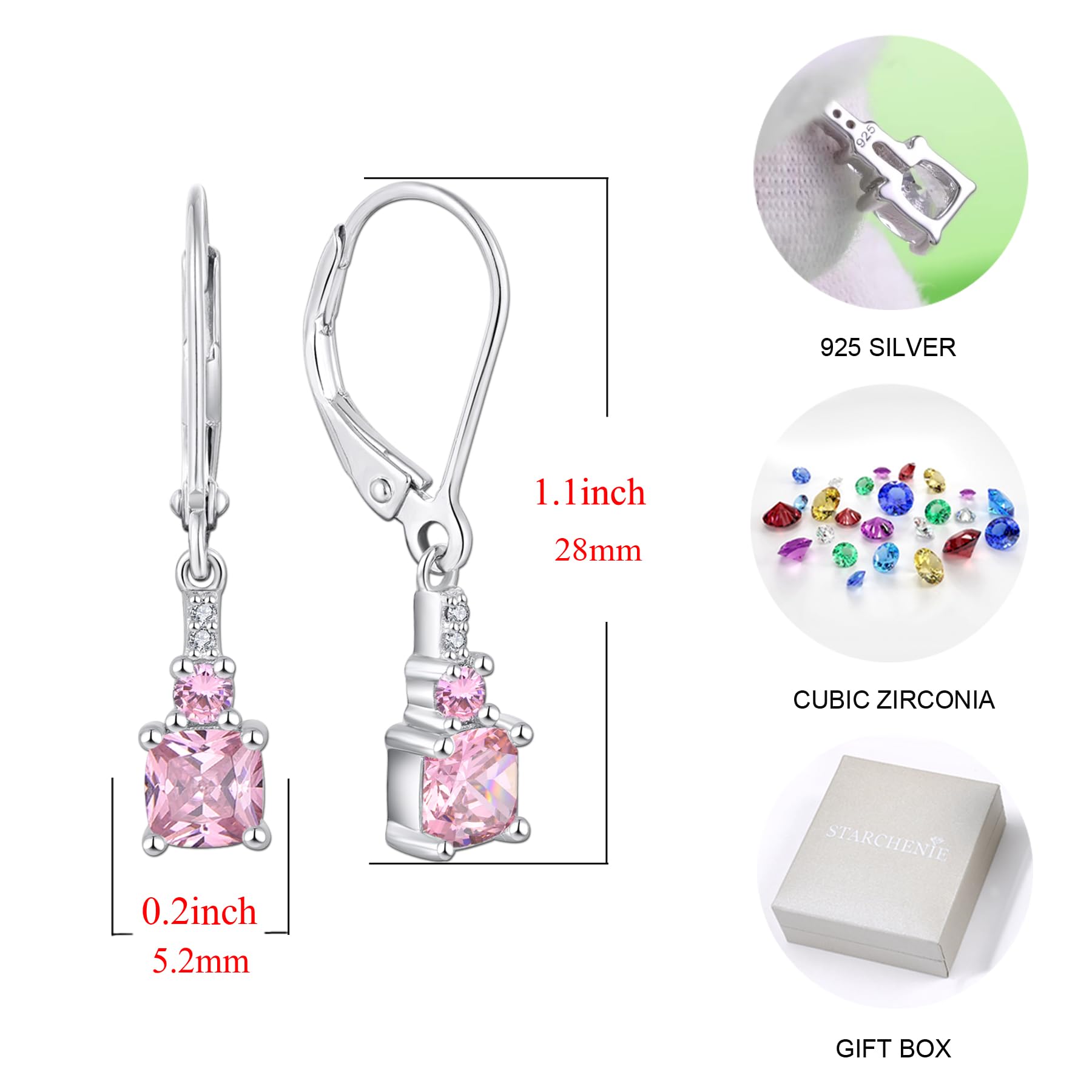 Starchenie 925 Sterling Silver Princess Cut Dangle Earrings for Women - Leverback Gemstone Jewelry for Parties, Weddings & Everyday Wear