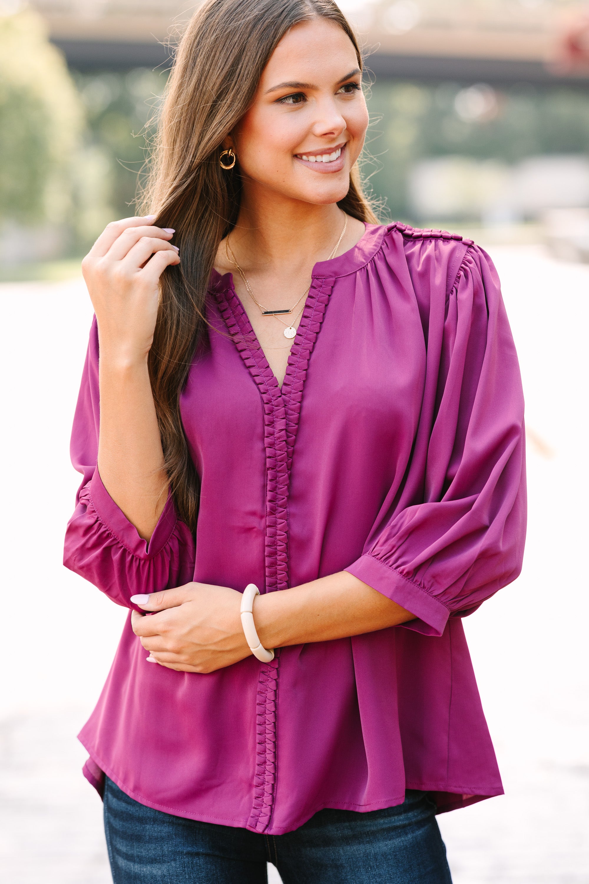 Stylish Plum Purple Textured Trim Blouse for Women | Elegant Office & Casual Wear | Perfect for Work, Dates & Special Occasions