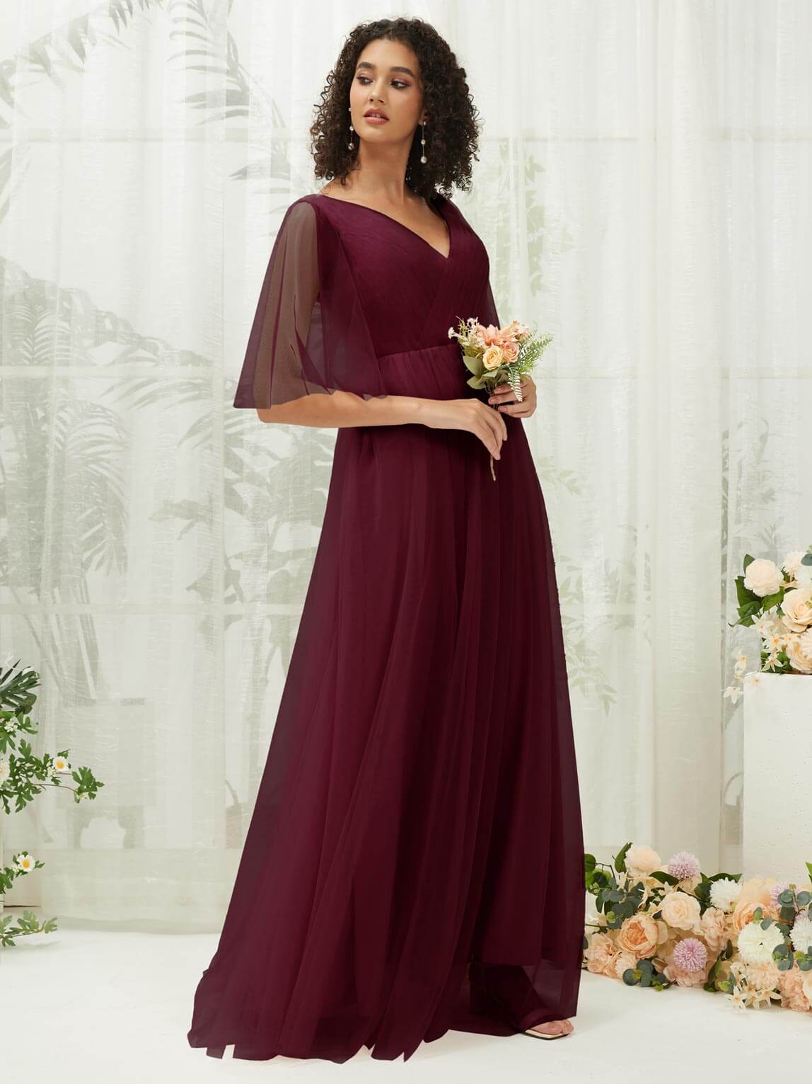 Elegant Burgundy Ruffle Sleeves Tulle Maxi Bridesmaid Dress with Hidden Pocket - Perfect for Weddings, Formal Events & Evening Parties
