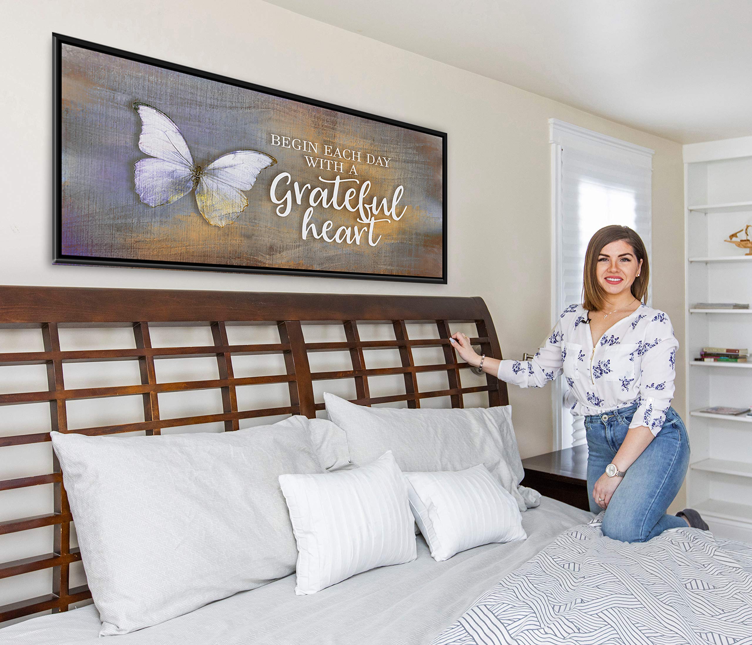 Inspirational Wall Art - 'Begin Each Day' Motivational Quote Canvas Print with Butterfly Design, Religious & Blessed Home Decor, Large 42x19 Inch Orange & Black Floating Frame - Perfect for Living Room, Bedroom, or Office Decor