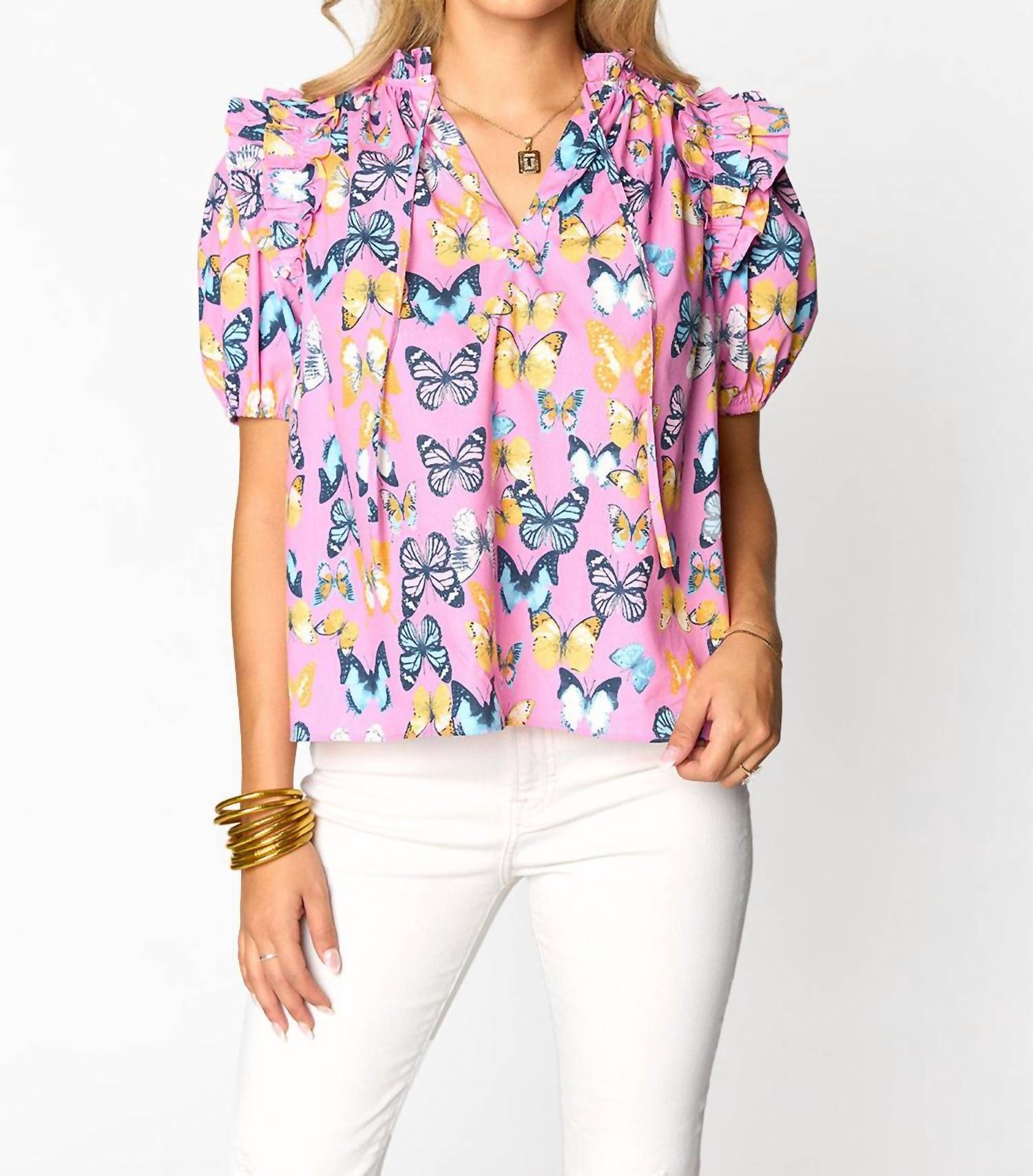 Elegant Pink Butterfly Blouse - Women's Floral Print Top for Spring & Summer | Perfect for Casual Outings, Date Nights & Office Wear
