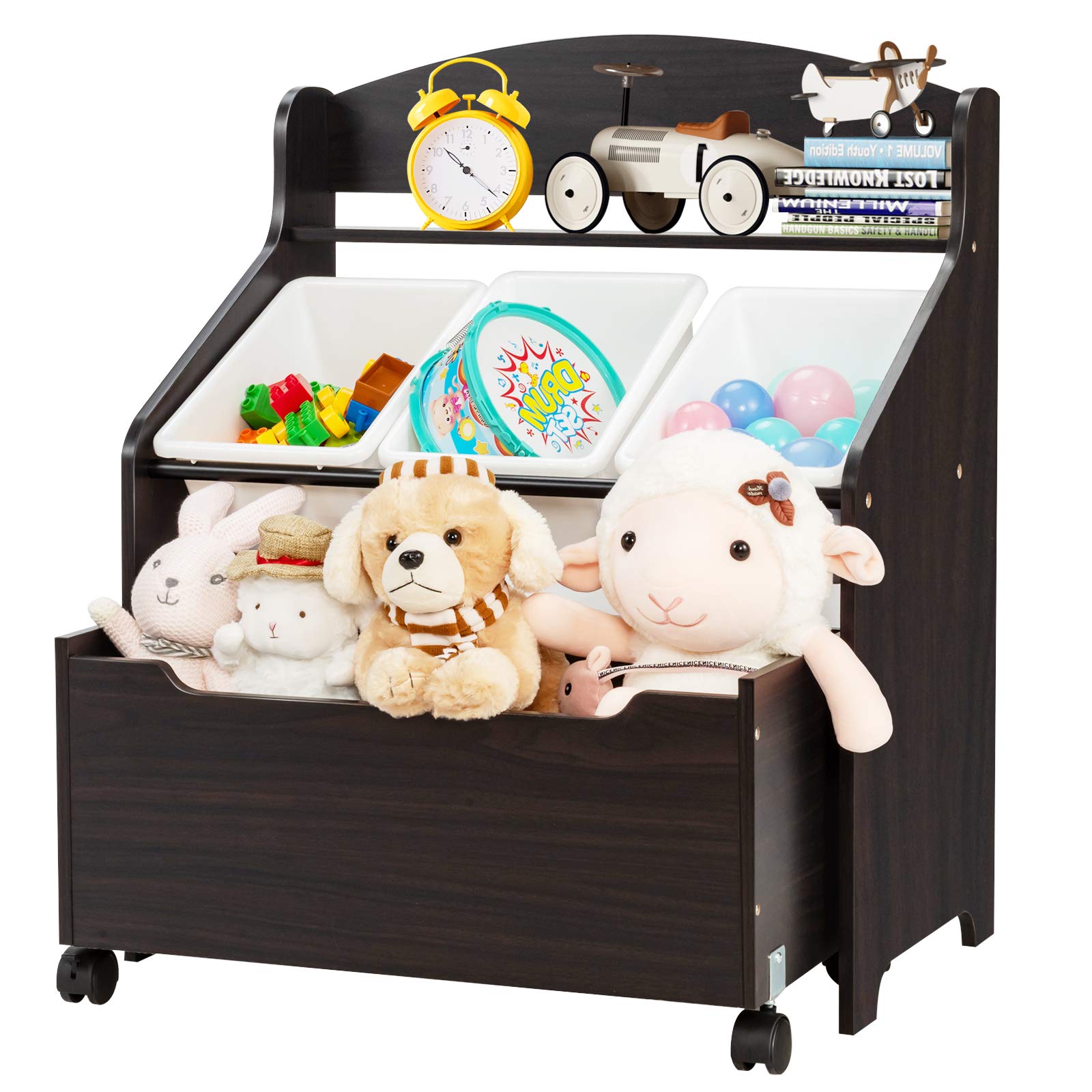 HONEY JOY Wooden Kids Toy Storage Organizer with 3 Plastic Bins, Rolling Toy Box & Shelf - 30 Inch Toddler Furniture Storage Unit with Wheels for Bedroom & Playroom (Espresso) - Perfect for Organizing Toys, Books & Kids' Accessories in Nursery or Daycare