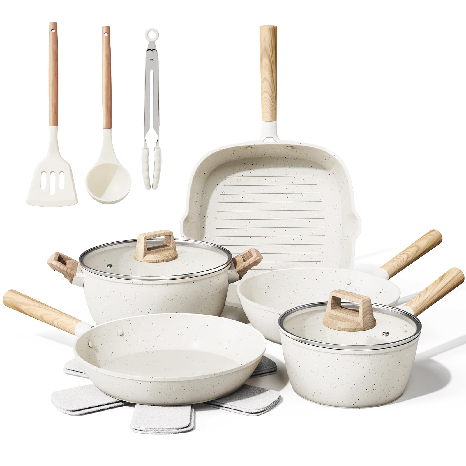 14-Piece Nonstick Ceramic Cookware Set - Large Capacity Pots and Pans with Utensils, PTFE/PFOA/PFAS Free, Healthy Induction Safe Kitchenware in Cream White - Perfect for Family Cooking & Professional Chefs