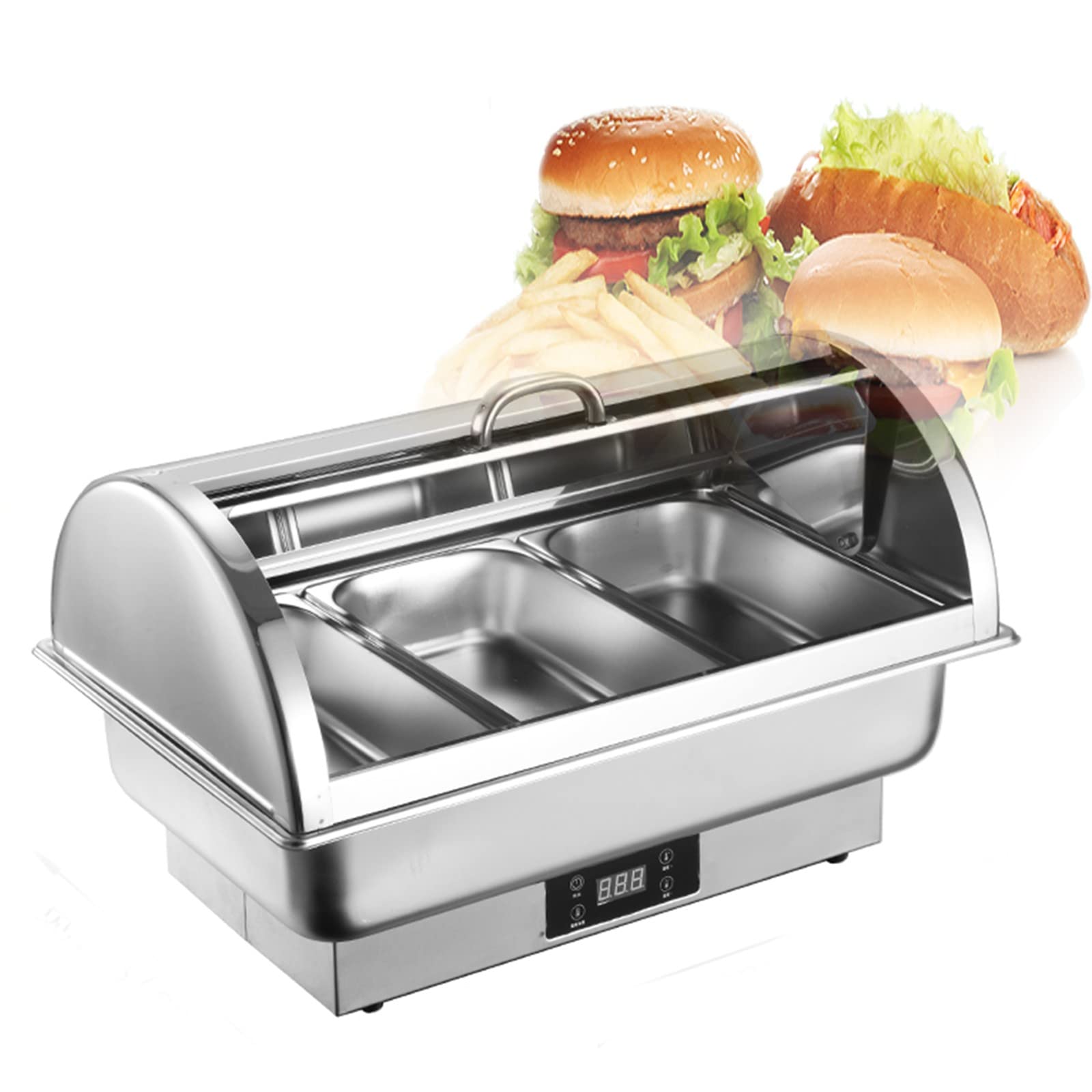 Stainless Steel Electric Chafing Dish Buffet Set with Adjustable Temperature Control (40-100℃) - 600W Food Warmer with Lid - 9L/13L Capacity for Catering, Buffets & Home Entertaining (9L-B, 1/3 Size)