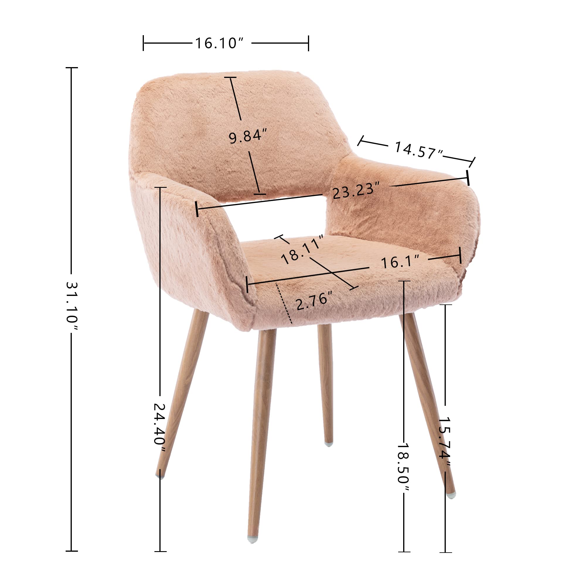 Mid-Century Modern Faux Fur Accent Chair - Soft & Comfy Armchair with Wood-Look Metal Legs for Living Room, Dining Room, Home Office & Vanity | No Wheels, Camel Color | Perfect for Teens, Makeup Desks & Cozy Reading Nooks