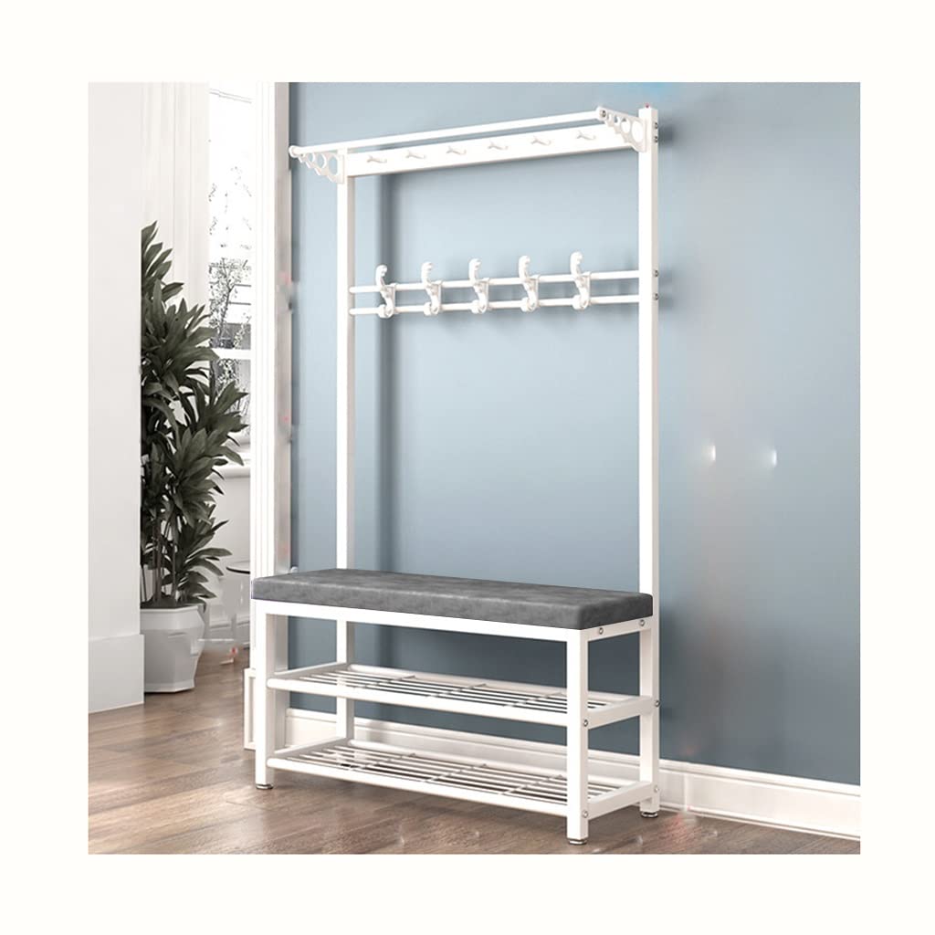 4-in-1 Entryway Storage Bench with Metal Frame - Hall Tree Shoe Bench & Coat Rack (5 Double Hooks, 39.37‘’ Tall) for Small Space Organization - Perfect for Mudroom, Foyer & Apartment Entry (White Grey, 100x33x170cm)