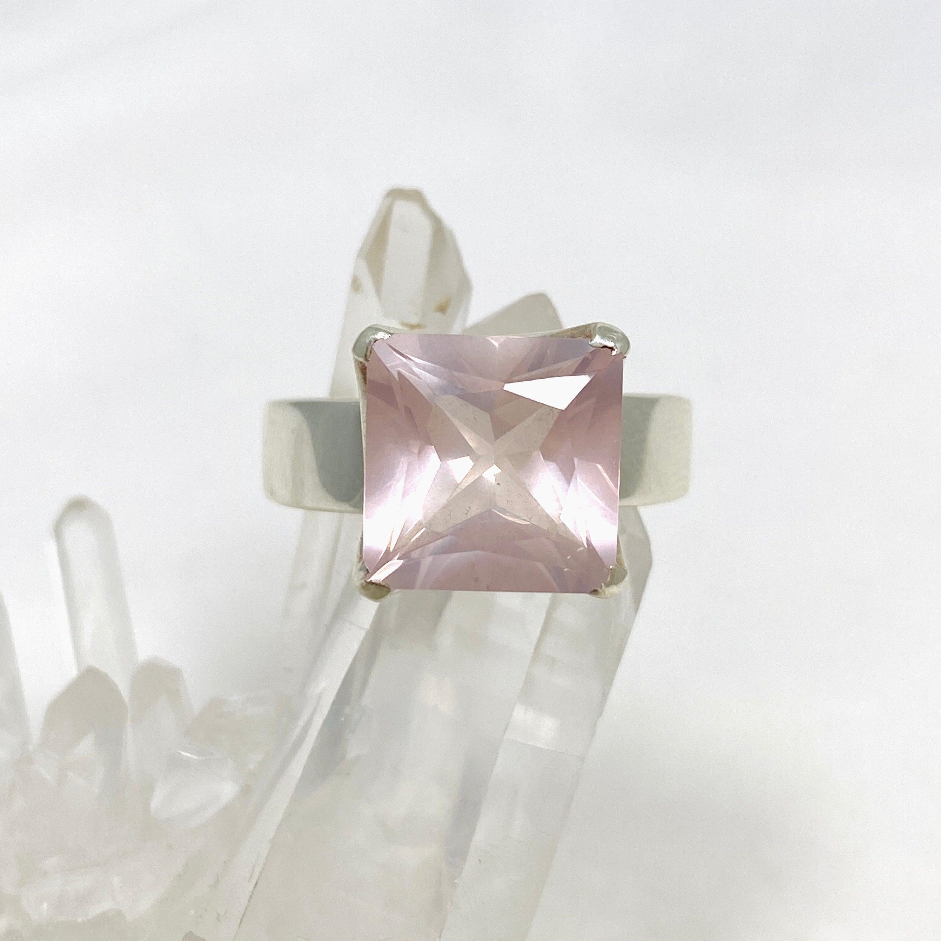 Rose Quartz Faceted Square Ring Size 11.5 PRGJ427 - Elegant Healing Crystal Jewelry for Women, Perfect for Meditation, Yoga & Spiritual Gifts