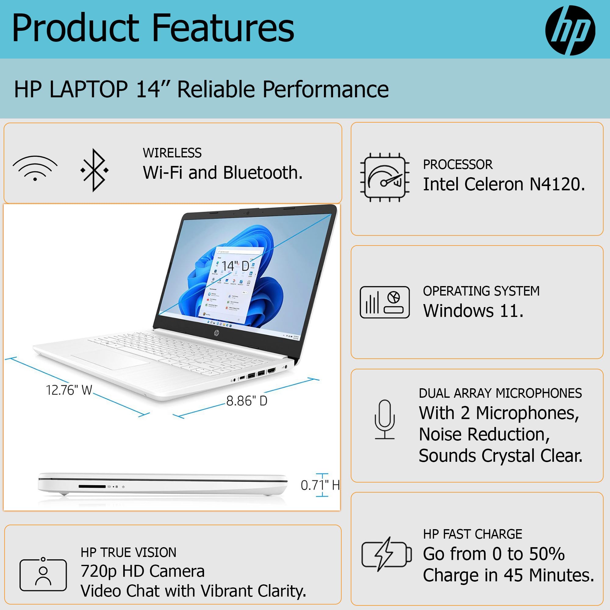 HP Ultralight 14-inch Laptop - Intel 4-Core Processor, 16GB RAM, 128GB SSD + 1TB Cloud Storage, HD Display, Windows 11 (Silver) - Includes Microsoft 365 & Wireless Earbuds - Perfect for Remote Work, Online Classes & Business Travel