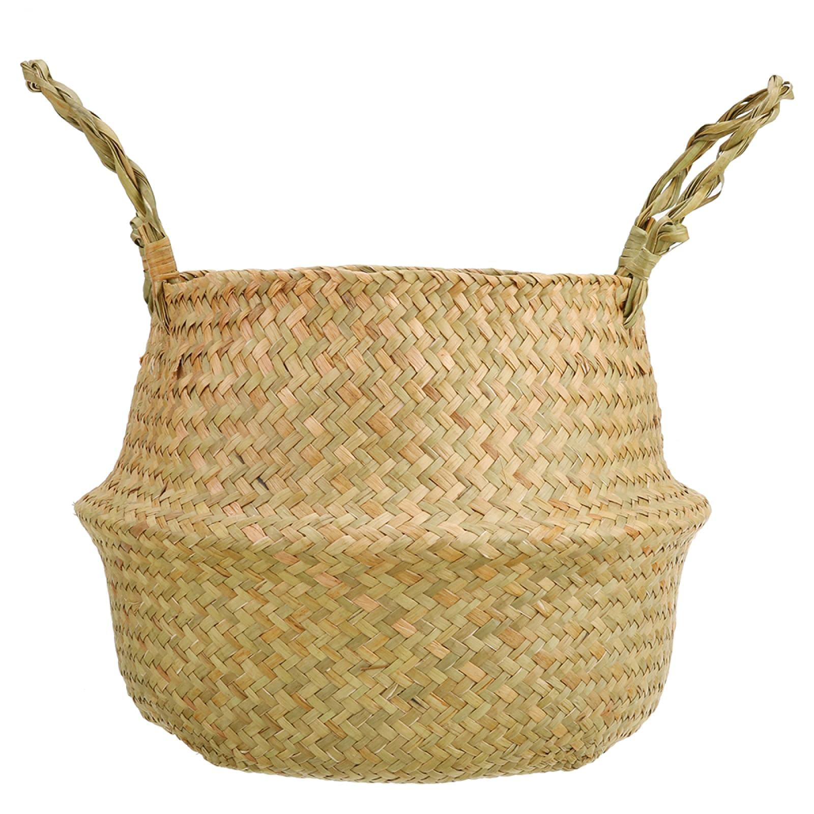 Handmade Seagrass Storage Basket - Foldable Bamboo Laundry Basket, Wicker Rattan Planter for Garden, Flowers & Home Decor (22x19cm, Natural) | Perfect for Organizing, Plant Pots & Boho Style Decor