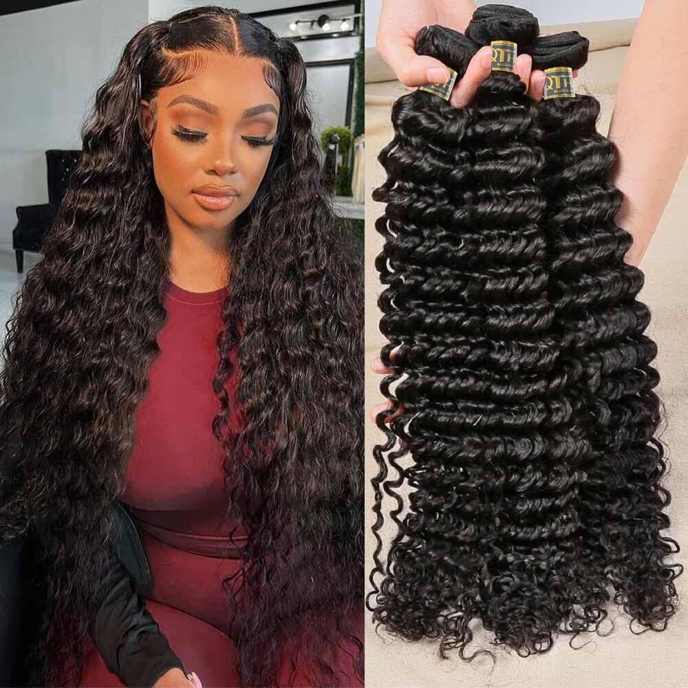 QTHAIR 14A Deep Wave Human Hair Bundles 24 26 28 Inch - 100% Unprocessed Brazilian Virgin Hair, Double Weft Deep Curly Weave (3 Bundles, Natural Color) - Perfect for Protective Styles, Weaves & Natural-Looking Extensions